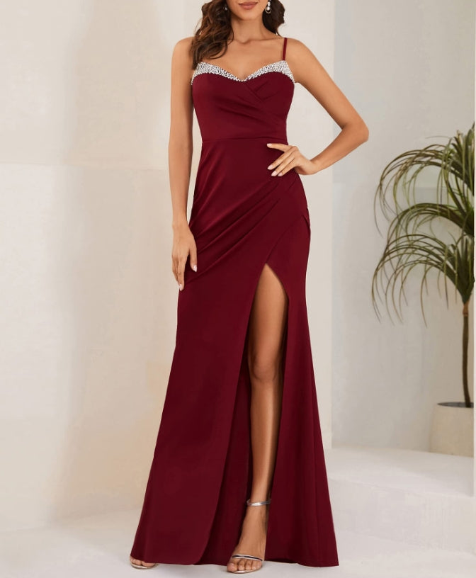 Burgundy Women's Spaghetti Strap Sleeveless Sequin Slit Bodycon Floor-Length Prom Dresses
